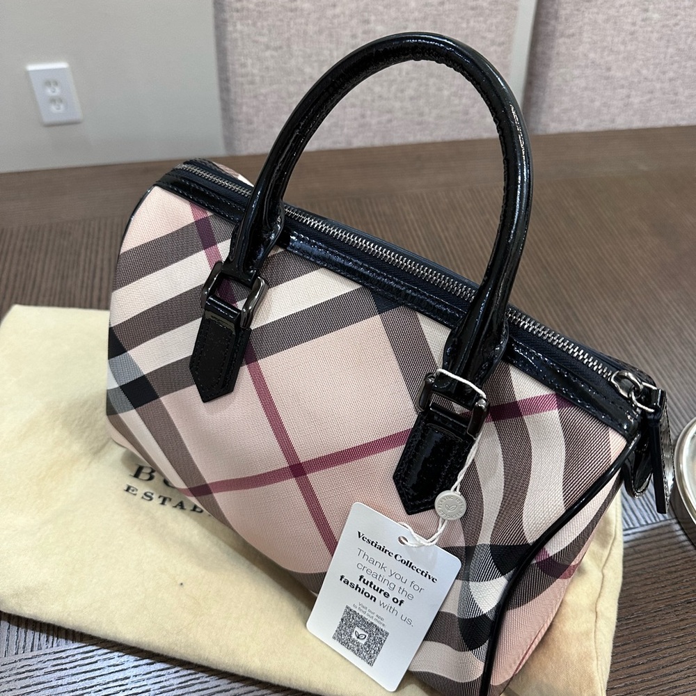 Burberry Red/black Nova Check Coated Canvas and Patent Leather Boston Bag